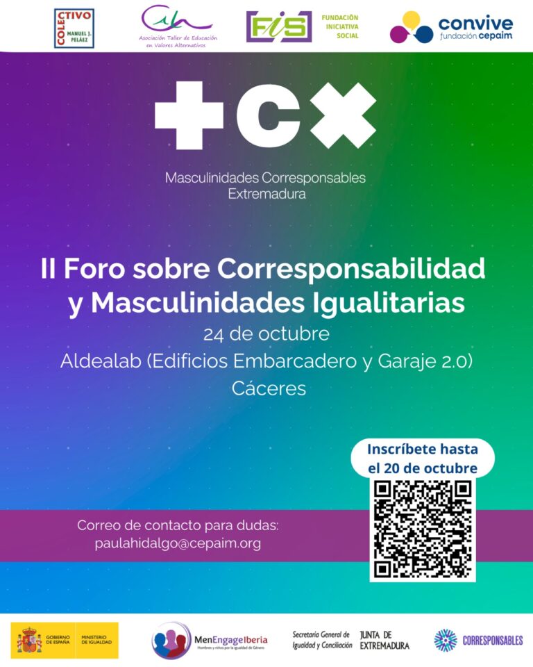 💗 II Foro sobre Corresponsabilidad y Masculinidades Igualitarias 🌱 Un espacio para intercambiar experiencias, conocimientos, retos y dilemas sobre corresponsabilidad, igualdad e intervención social con hombres para repensar la masculinidad desde un enfoque transformador de género. 📅 24 de Octubre de 2025 🕒 9h a 18.30h ⭐ Formato presencial y online 📍 Aldealab, Cáceres (C/ Sta. Cristina, 4, Sur, 10195)